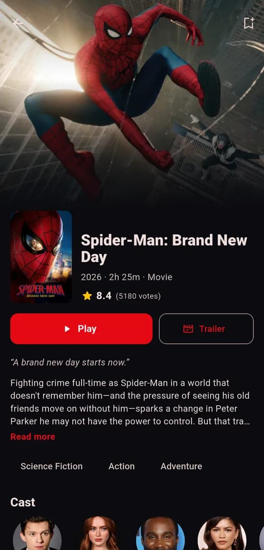Movie page with rating, Play and Trailer buttons