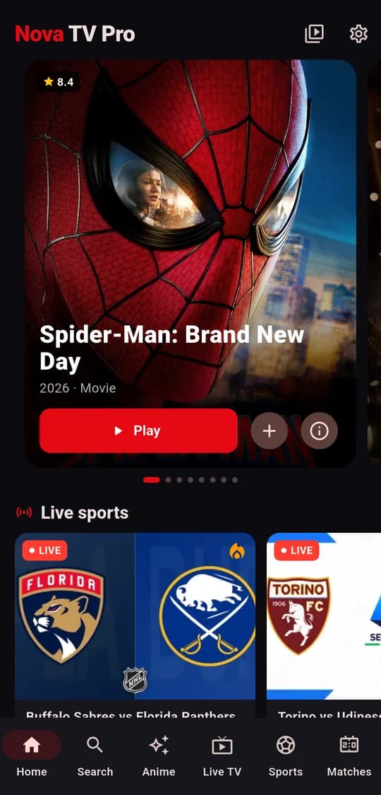 Nova TV Pro home screen with a featured movie and live sports