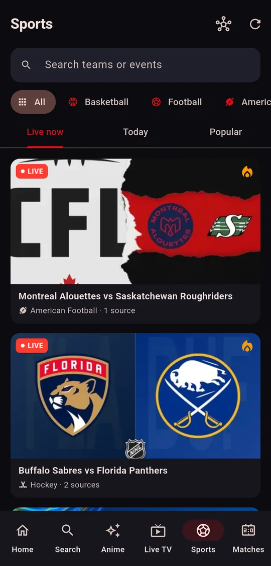 Live sports with football, basketball and hockey matches